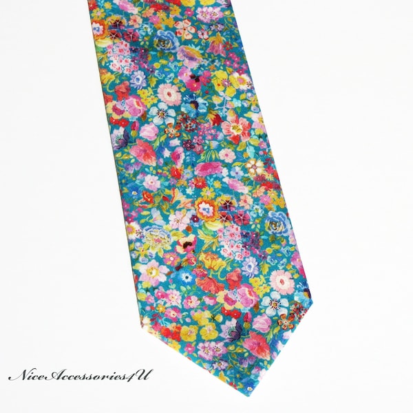 Teal floral Liberty tie for men. Skinny/Slim/Regular wedding necktie. Yellow, pink & blue neck tie Liberty print 'Classic Garden'