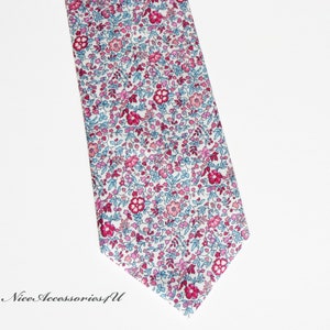 Men&#39;s floral tie Liberty print &#39;Katie & Millie&#39; in pink and pale blue. Skinny/Slim/Regular wedding cotton necktie. Gift for him