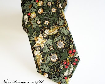 Men's forest green floral tie. Skinny/Slim/Regular wedding necktie dark sage & black. Liberty print William Morris design 'Strawberry Thief'