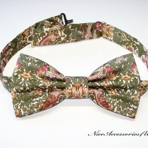 Olive green & pink floral bow tie for men and boys. Liberty print William Morris design 'Strawberry Thief'. Pre-tied cotton wedding bowtie.