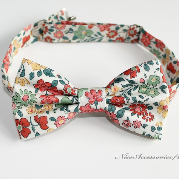 Floral Liberty bow tie in sage green & coral for men and boys. Pre-tied wedding bowtie for groom and groomsmen. Liberty print 'Annabella'.