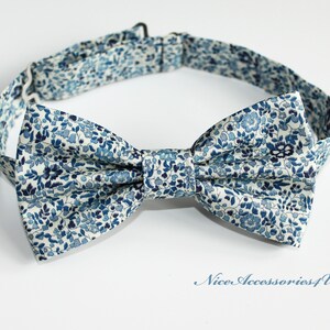 Blue floral Liberty bow tie for men & boys. Blue and ivory pre-tied wedding bowtie Liberty print 'Katie and Millie'