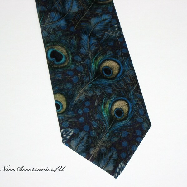 Men's navy blue tie Liberty print ' Peacock Manor'. Skinny/Slim/Regular wedding necktie. Peacock feather design neck tie.