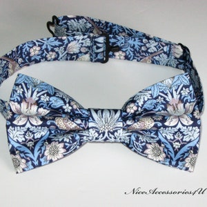 Blue Liberty floral bow tie for men & boys. Liberty print William Morris design 'Strawberry Thief'. Cornflower blue wedding bowtie.