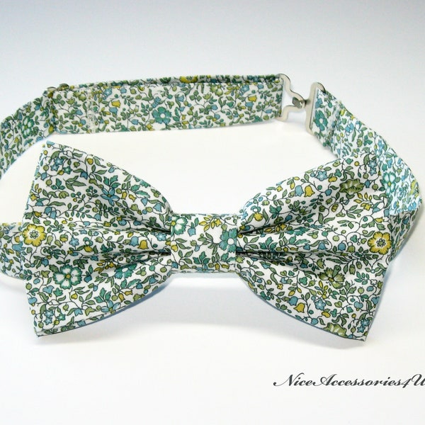 Green floral Liberty bow tie for men & boys. Pre-tied wedding bowtie Liberty of London print 'Katie and Millie' olive green and yellow.