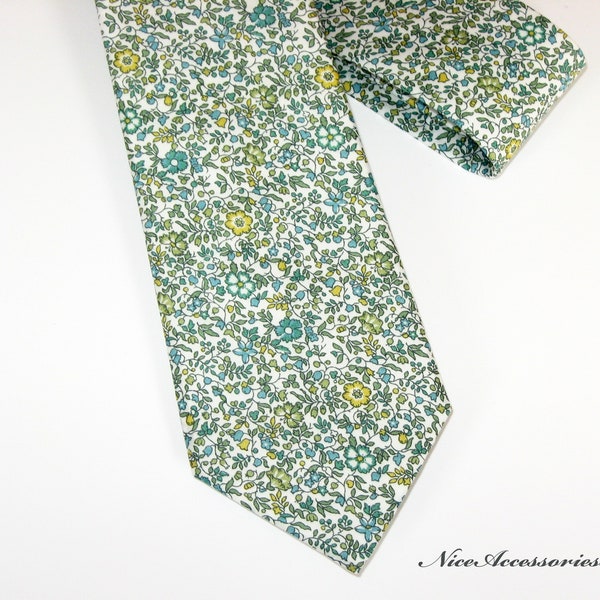 Men's floral tie Liberty print 'Katie & Millie' in green. Skinny/Slim/Regular wedding cotton necktie. Gift for him