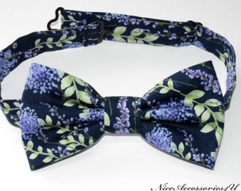 Navy & lavender floral bow tie. Purple wedding bow tie and optional pocket square Men's pre-tied floral print bow tie Grooms navy bowtie.
