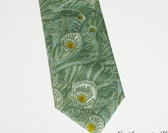 Men's sage green tie Liberty print ' Queen Hera'. Skinny/Slim/Regular wedding necktie. Peacock feather design neck tie.