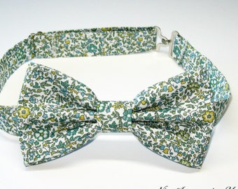 Green floral Liberty bow tie for men & boys. Pre-tied wedding bowtie Liberty of London print 'Katie and Millie' olive green and yellow.