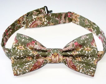 Olive green & pink floral bow tie for men and boys. Liberty print William Morris design 'Strawberry Thief'. Pre-tied cotton wedding bowtie.