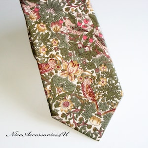 Men's olive green & pink tie. Skinny/Slim/Regular wedding floral necktie. Liberty print William Morris design 'Strawberry Thief'.