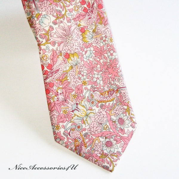 Men's pink floral tie. Liberty print William Morris design 'Strawberry Thief'. Skinny/Slim/Regular wedding necktie for groom & groomsmen.