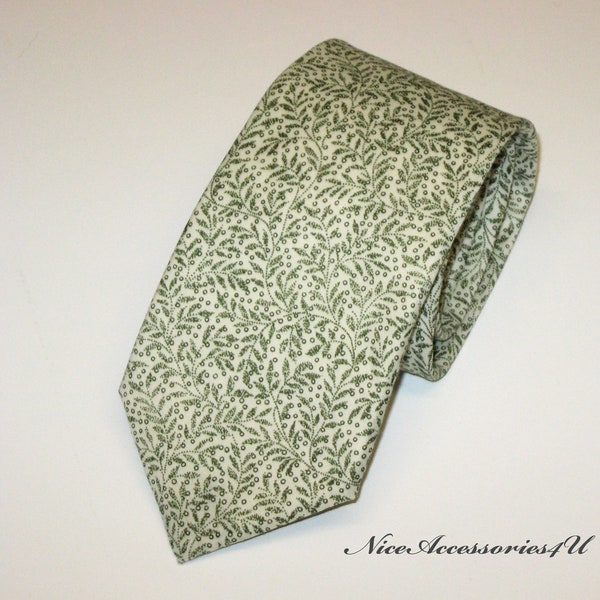 Liberty print olive green floral tie for men. Light mossy green skinny or slim necktie. Groom's neck tie Liberty of London print 'Annabel'.