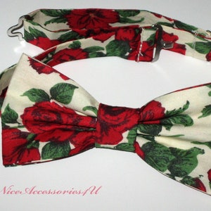 Red rose pre-tied bow tie for men Liberty print &#39;Cerline Rose&#39;. Floral wedding bowties for groom & groomsmen. Roses design bowtie.