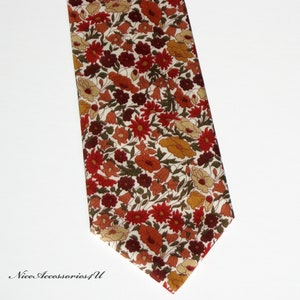 Autumn palette men&#39;s floral tie Liberty print &#39;Poppy Forest&#39; in burnt orange. Skinny/Slim/Regular wedding cotton necktie. Gift for him.