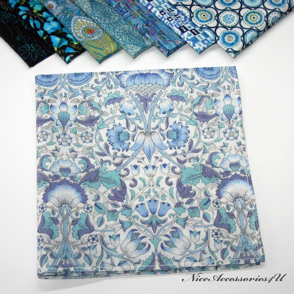 Men's turquoise & blue floral pocket square Liberty of London print. Sky blue wedding cotton handkerchief.