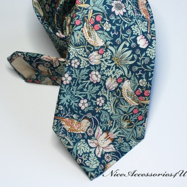 Liberty floral tie in hunter green. Liberty print necktie William Morris design Strawberry Thief. Sage wedding neck tie Skinny/Slim/Regular