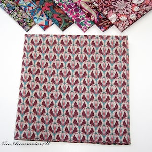 Men's burgundy pocket square Liberty of London print. Wine & turquoise wedding cotton handkerchiefs.