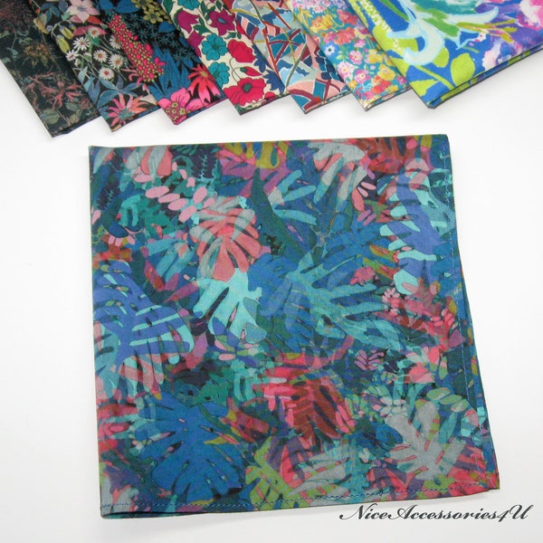 Men's multicolour floral pocket square Liberty of London print. Blue pink & green wedding cotton handkerchiefs.