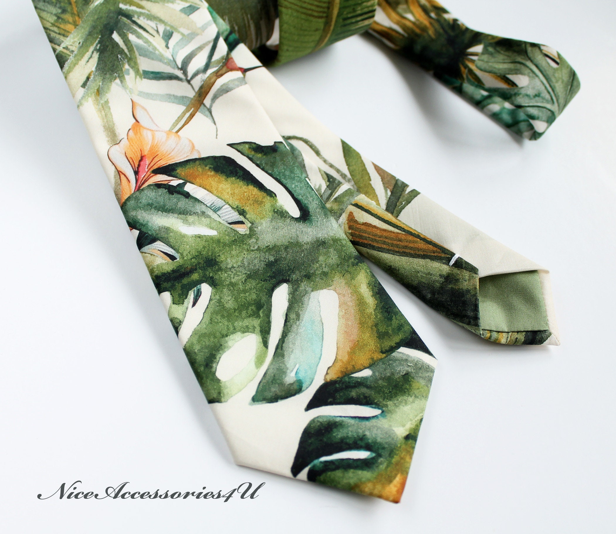 Tropical Print Green Tie for Men. Beach Wedding Skinny - Etsy UK