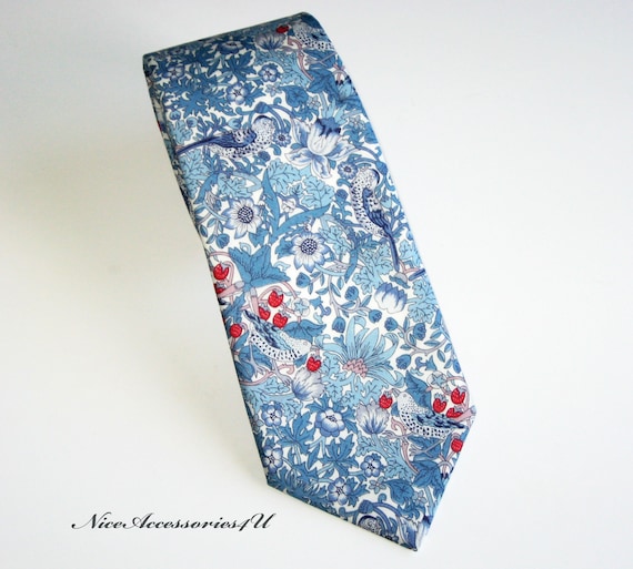 Men's Dusty Blue & Red Floral Tie. Liberty Print William Morris