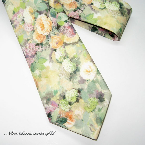 Floral Liberty tie for men. Skinny/Slim/Regular wedding necktie. Green, yellow & mauve neck tie, Liberty print 'Hampstead Summer'