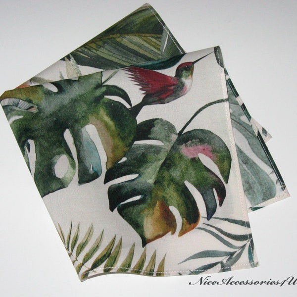 Men's tropical pocket square. Green palm leaves & hummingbird print cotton handkerchief for men. Beach wedding pocket square.