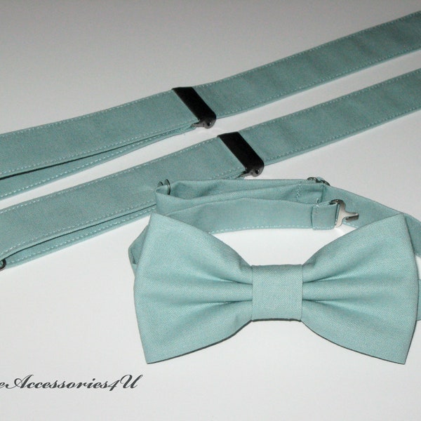 Seafoam green bow tie & suspenders for men and kids. Ice green wedding braces and bow ties. Matching father and son bowties. Men's braces