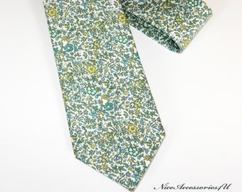 Men's floral tie Liberty print 'Katie & Millie' in green. Skinny/Slim/Regular wedding cotton necktie. Gift for him