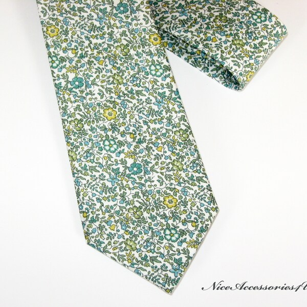 Men's floral tie Liberty print 'Katie & Millie' in green. Skinny/Slim/Regular wedding cotton necktie. Gift for him