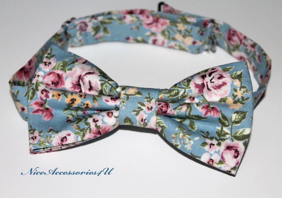 blue and pink floral bow tie