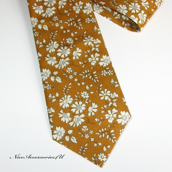 Mustard yellow men's floral tie Liberty print 'Capel'. Skinny/Slim/Regular wedding cotton necktie. Gift for husband/son/father/boyfriend.