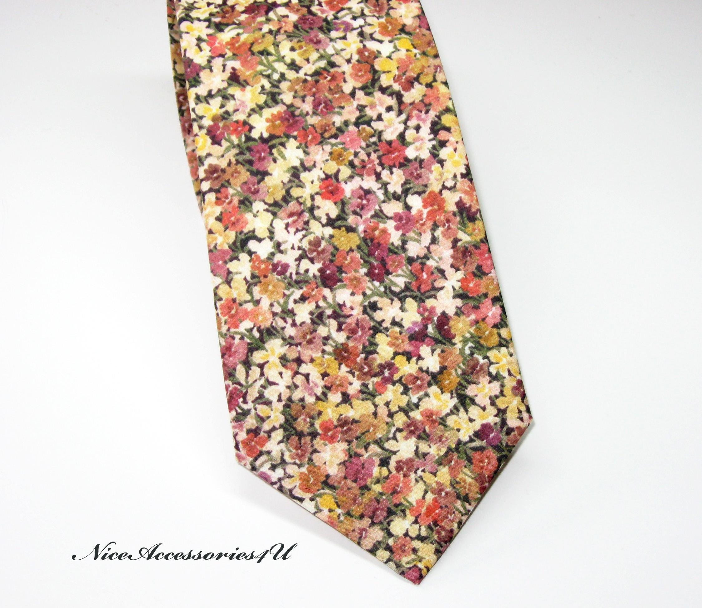 Men's floral tie Liberty print 'Arrietty Violet' in autumn palette. Skinny/Slim/Regular cotton necktie for fall wedding. Gift for him.