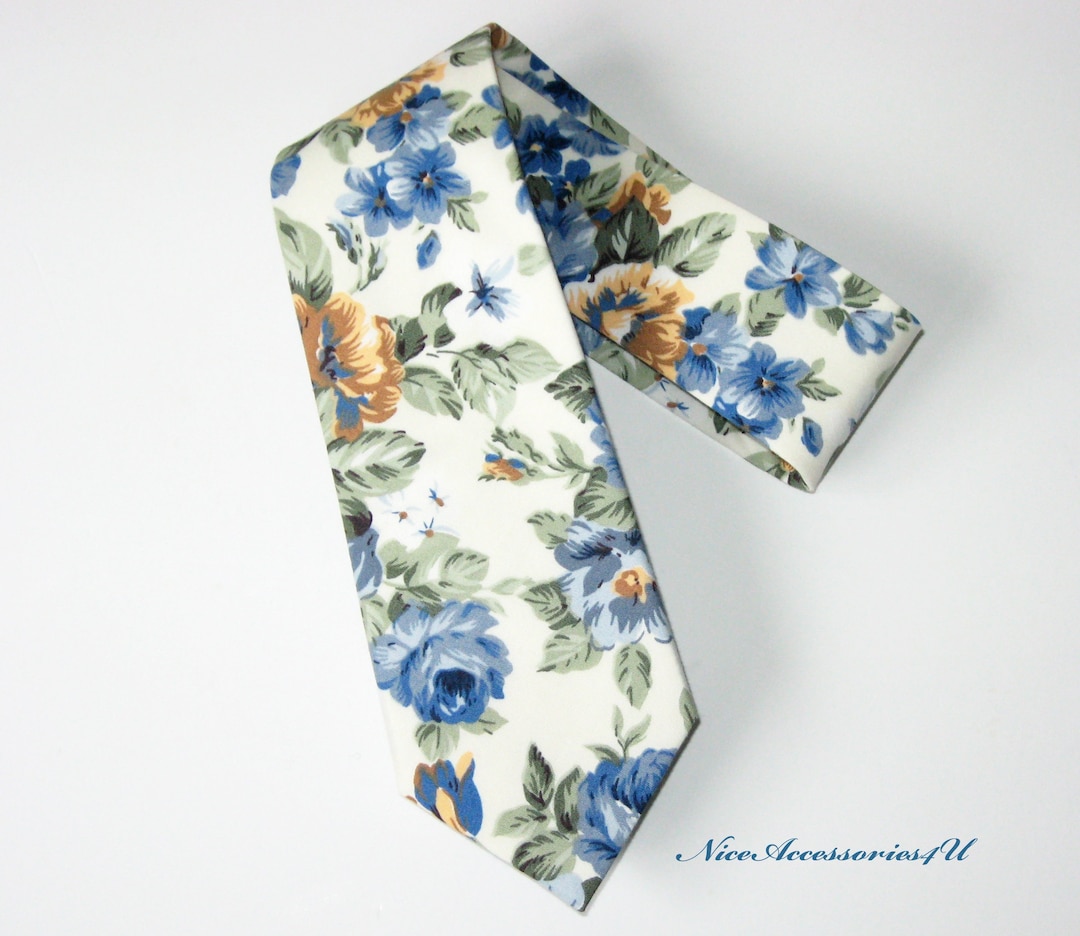 Men's Floral Tie. Blue Yellow & Green Wedding Tie. Floral Skinny Necktie for Men. Blue and Green