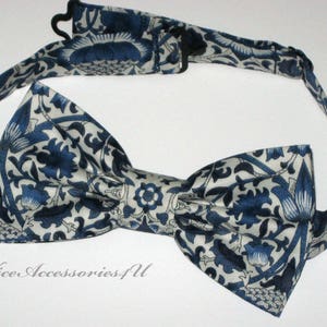 Navy blue floral bow tie for men & boys. Liberty print bowtie William Morris design 'Lodden'. Optional pocket square for adult and kids.