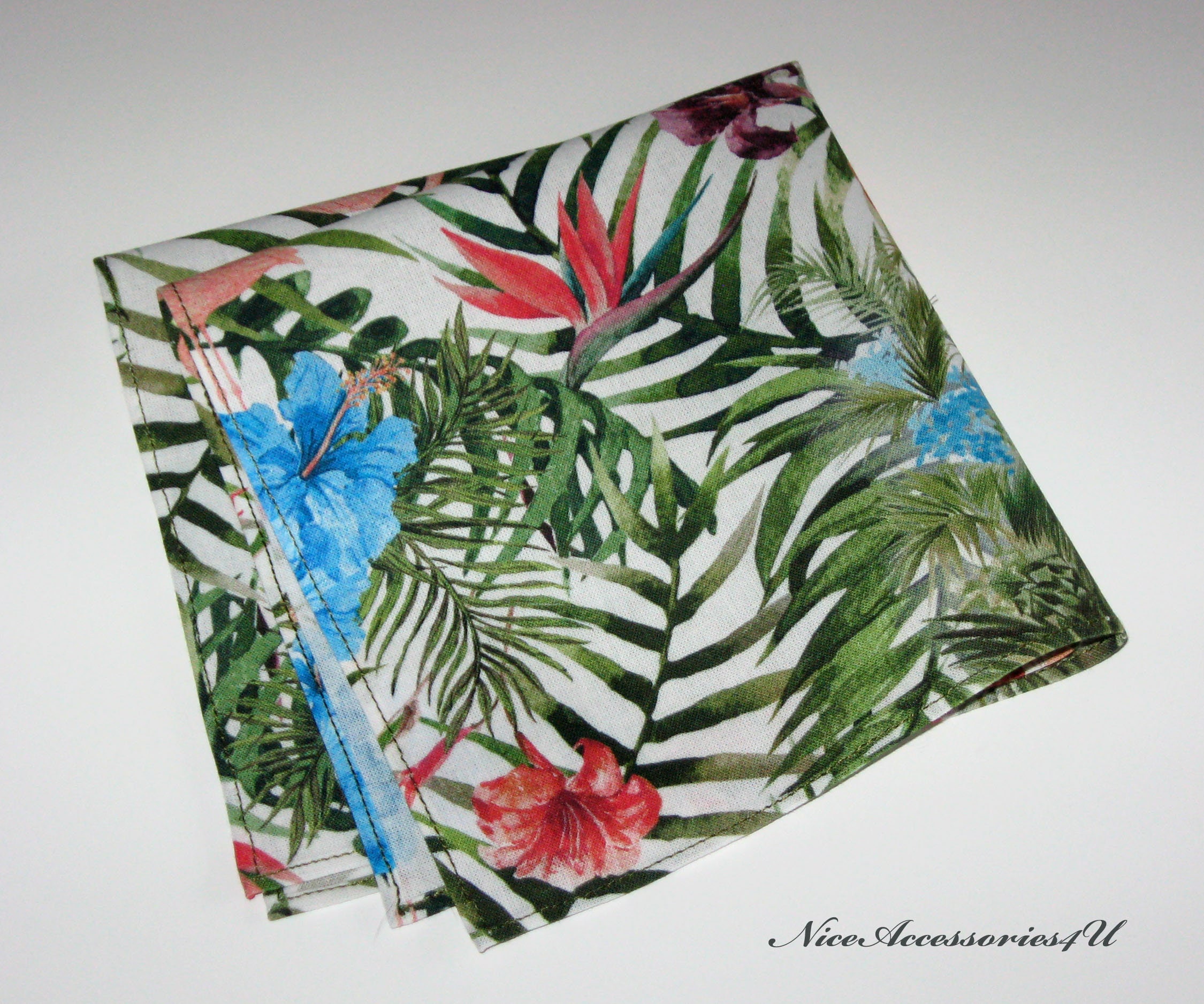 Men's tropical pocket square. Green leaf & flowers print cotton handkerchief for men. Beach wedding pocket square.