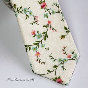 Ivory & green floral tie for men. Skinny wedding neckties for groom and groomsmen. Slim cotton neck tie with pink roses print.