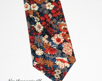 Rust & blue men's floral tie Liberty print ' Thorpe'. Skinny/Slim/Regular wedding cotton necktie in autumn palette. Gift for him.