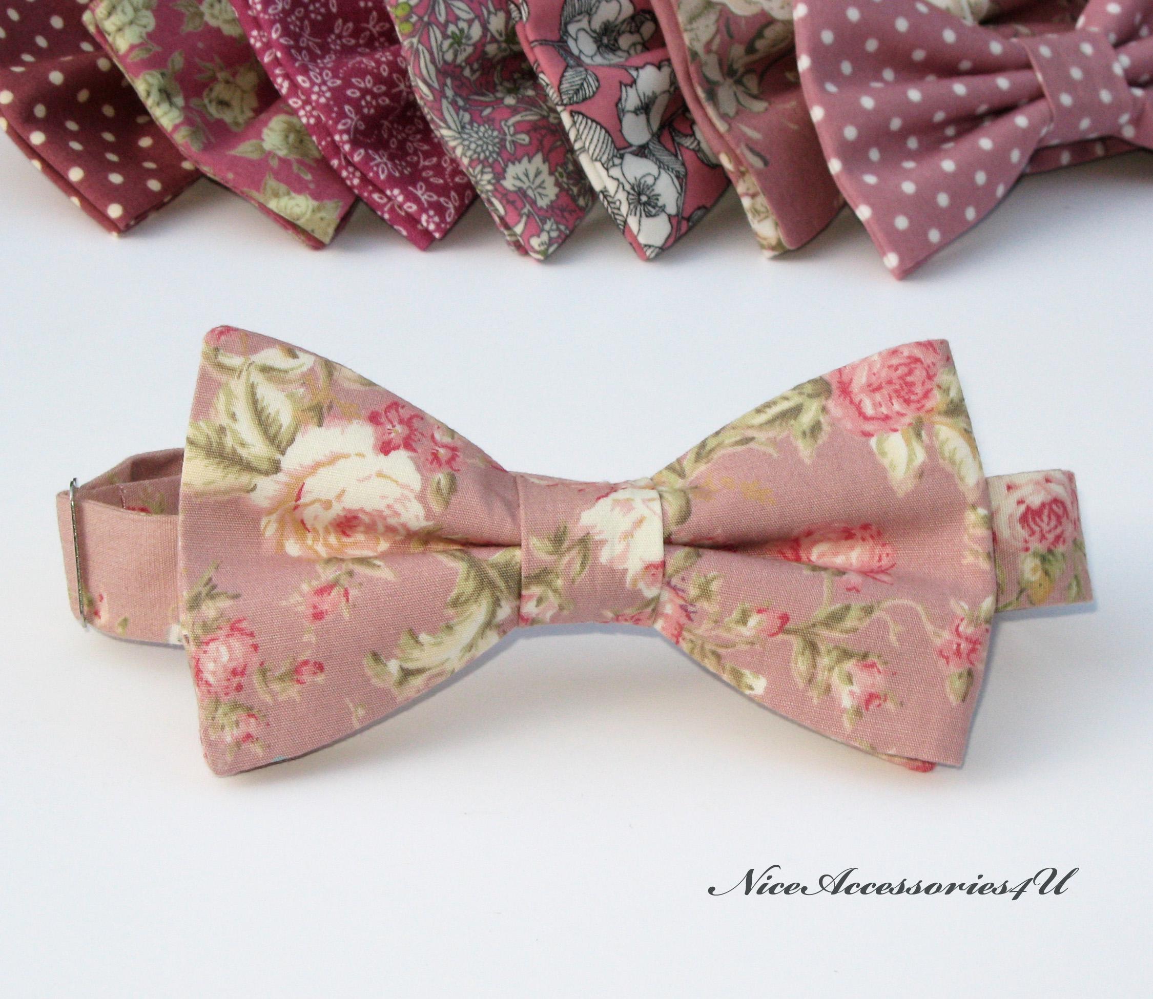 Dusky Pink Floral Wedding Bow Tie for Men. Boy's Pre-tied Dusty Rose Patterned Cotton Bowties.