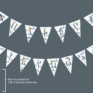 May include: A white banner with triangular flags spelling "HAPPY BIRTHDAY". Each flag features a dragon illustration with clouds and stars. The banner is strung on a black string, perfect for a birthday party.