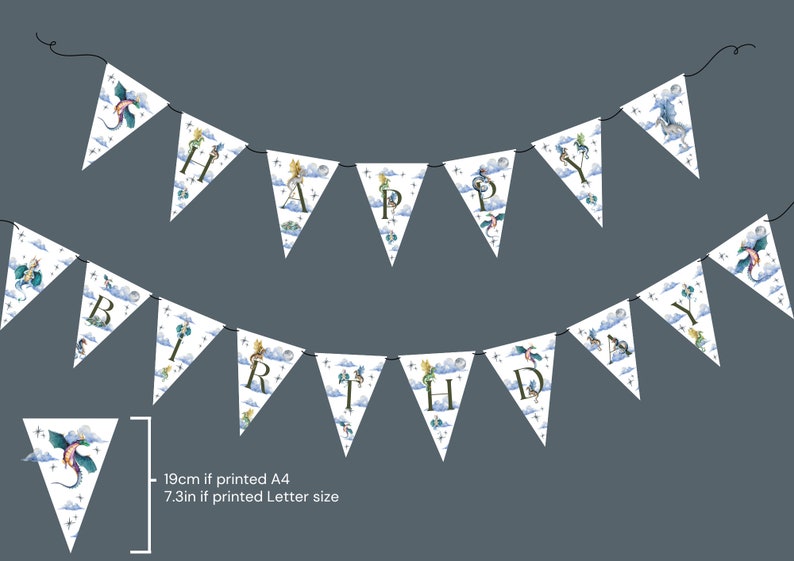 May include: A white banner with triangular flags spelling "HAPPY BIRTHDAY". Each flag features a dragon illustration with clouds and stars. The banner is strung on a black string, perfect for a birthday party.