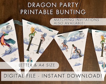 May include: Printable dragon party bunting with watercolor illustrations of dragons, clouds, and stars. The bunting spells out "HAPPY" with each pennant featuring a letter. The text "DRAGON PARTY PRINTABLE BUNTING" is at the top.