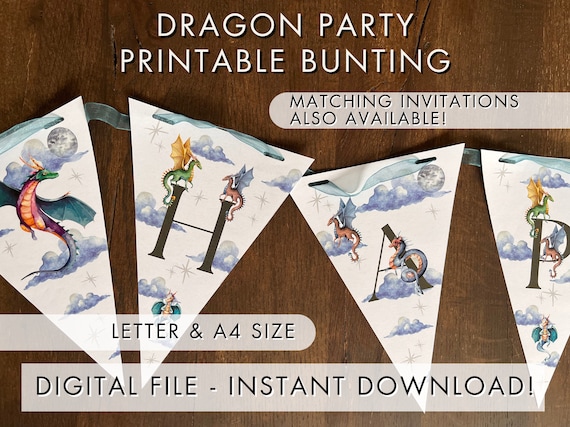 Printable Dragon Party Bunting, Downloadable Happy Birthday Banner, Instant Download