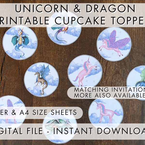 Printable Dragon & Unicorn Cupcake Toppers, Downloadable Dragon and Unicorn Cupcake Toppers, Instant Download