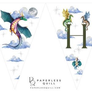 May include: Watercolor banner featuring dragons, clouds, and stars. One banner shows a dragon with green, purple, and teal wings. Another banner displays the letter "H" with green and gold dragons. The banner has the text "PAPERLESS QUILL" and the website address.