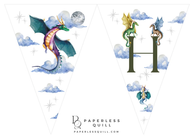 May include: Watercolor banner featuring dragons, clouds, and stars. One banner shows a dragon with green, purple, and teal wings. Another banner displays the letter "H" with green and gold dragons. The banner has the text "PAPERLESS QUILL" and the website address.