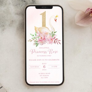 Digital Girls 1st Birthday Invitation, Phone Swan Party Invite for WhatsApp, Fast Delivery