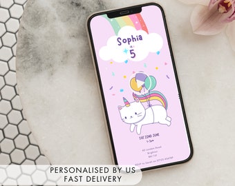 Animated Caticorn Party Invitation, Phone Caticorn Party Invite for WhatsApp, Fast Delivery