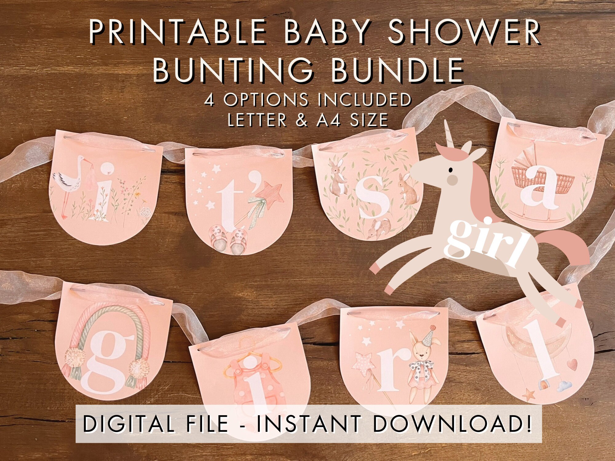 Printable Girl Baby Shower Bunting Bundle, Downloadable Baby Banners ...