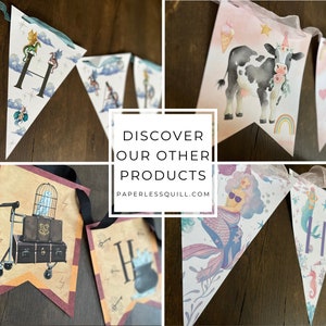 May include: A collection of decorative pennant banners with various designs. The banners feature illustrations of dragons, a cow with a floral crown, mermaids, and a trolley with luggage. The text "DISCOVER OUR OTHER PRODUCTS" and the website address are also visible.